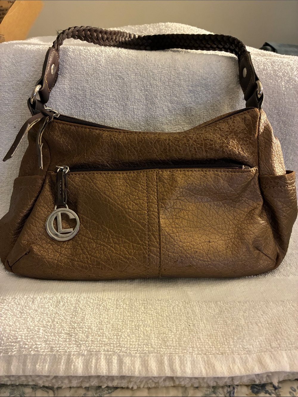 Liz Claiborne Brown Leather Hobo-Shoulder Bag w/Braided Handle-metallic bronze